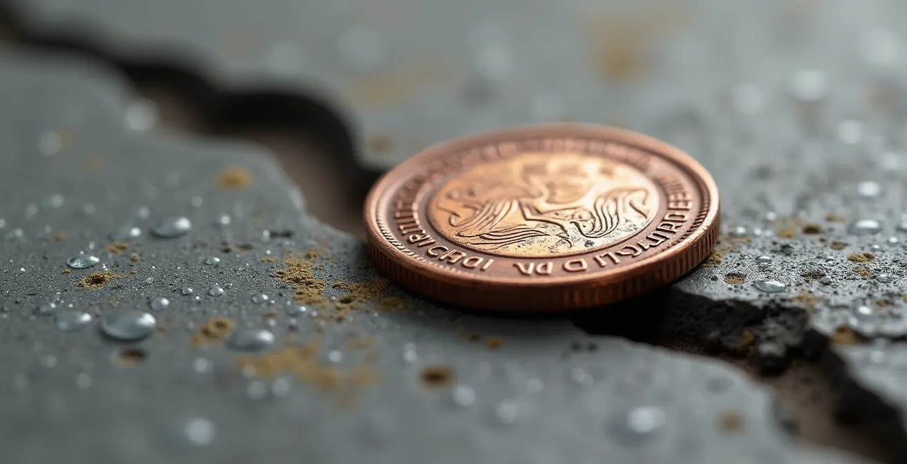 Vue macro d'une pièce de monnaie en cuivre sur un plan texturé, symbolisant la tension entre trésorerie et croissance dans une PME