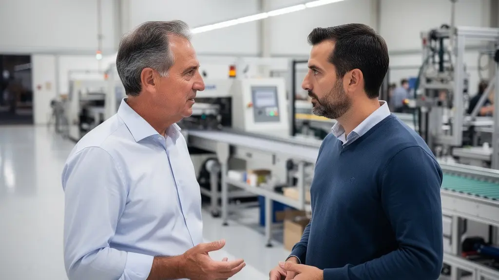 Dirigeant PME française discutant avec un acheteur industriel dans une usine