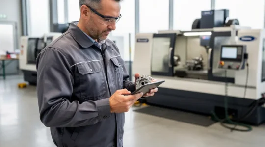 Technicien qualité inspectant une pièce usinée dans un atelier industriel français