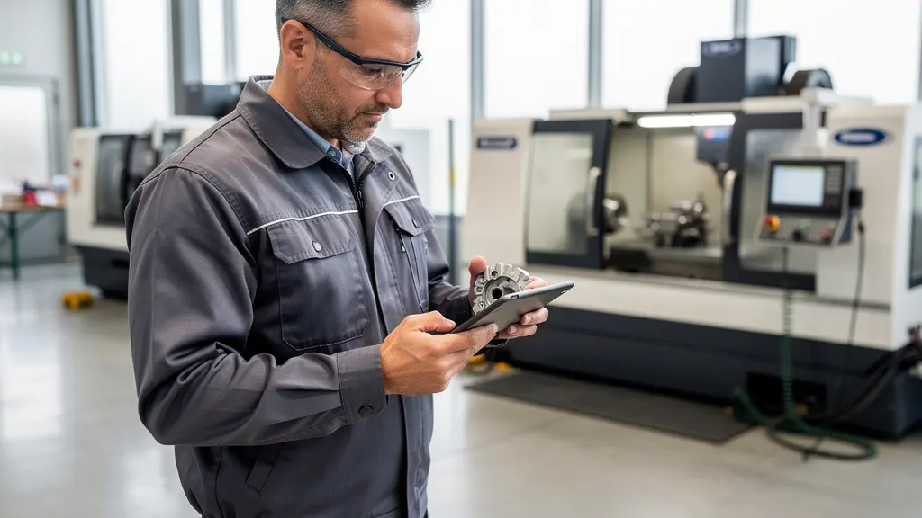 Technicien qualité inspectant une pièce usinée dans un atelier industriel français