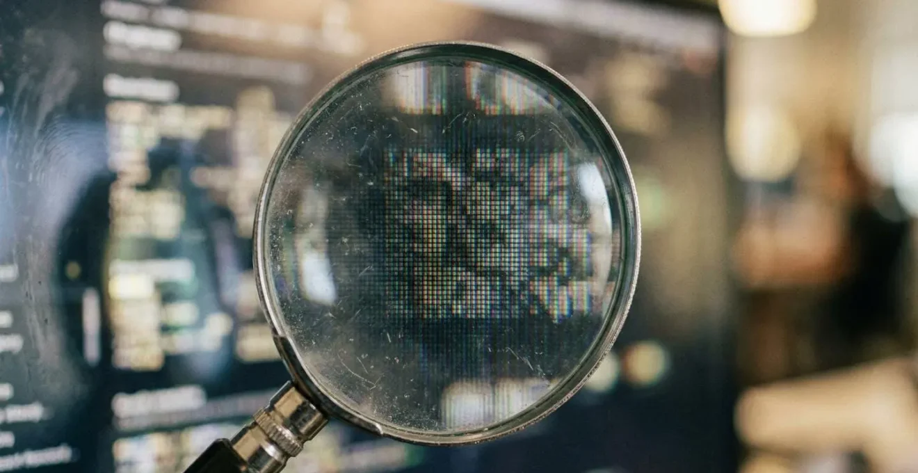Main tenant une loupe grossissant une adresse sur un écran flou avec des reflets de multiples sites web
