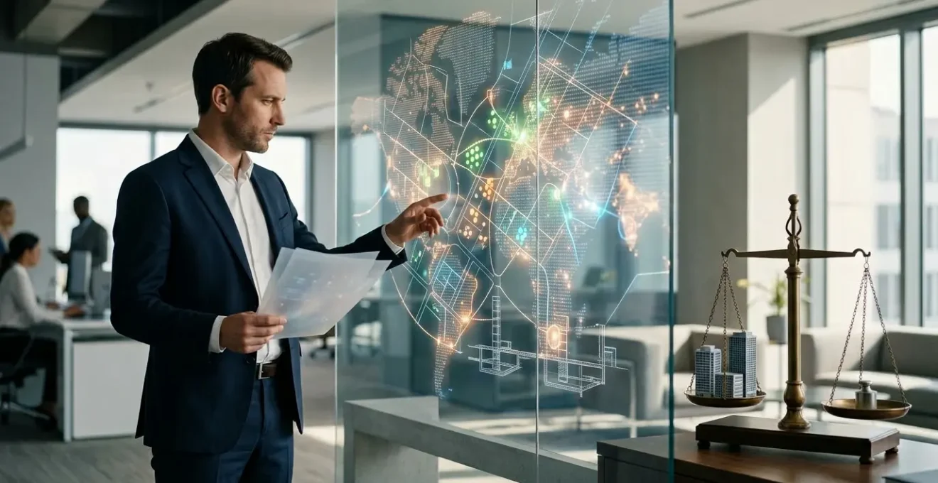 Entrepreneur analysant des choix stratégiques de domiciliation dans un bureau moderne avec carte de localisation