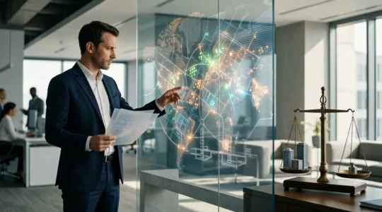 Entrepreneur analysant des choix stratégiques de domiciliation dans un bureau moderne avec carte de localisation