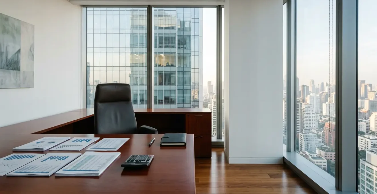 Analyse détaillée de documents financiers et conventions sur un bureau moderne avec calculatrice et graphiques