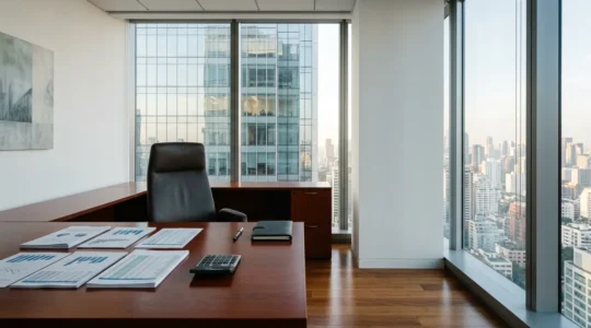 Analyse détaillée de documents financiers et conventions sur un bureau moderne avec calculatrice et graphiques