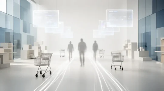 Vue grand angle d'une boutique e-commerce moderne déserte avec écrans et interfaces fantômes