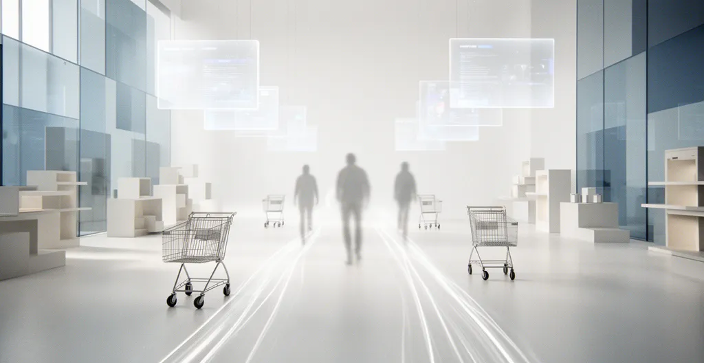 Vue grand angle d'une boutique e-commerce moderne déserte avec écrans et interfaces fantômes