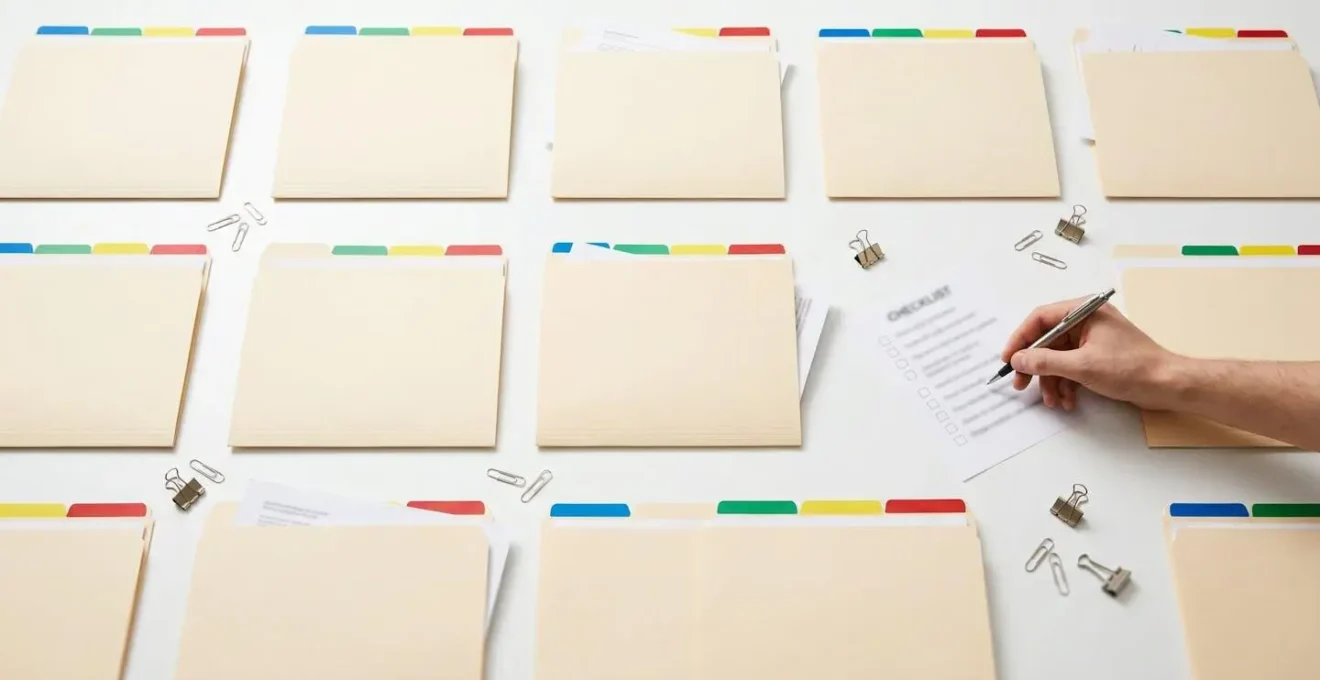 Bureau méthodiquement organisé avec documents classés par catégories pour la création d'entreprise
