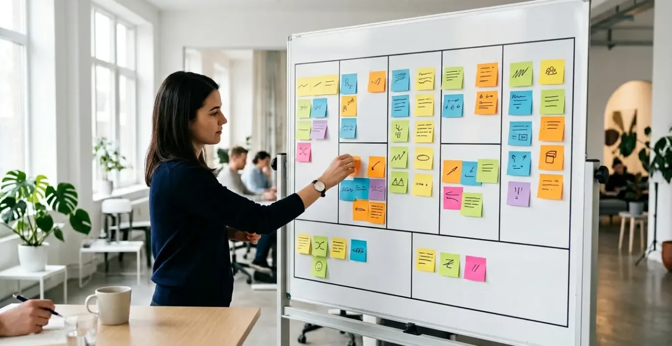 Vue d'ensemble d'un Business Model Canvas avec des Post-it colorés sur un tableau blanc dans un bureau moderne