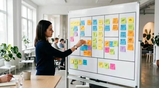 Vue d'ensemble d'un Business Model Canvas avec des Post-it colorés sur un tableau blanc dans un bureau moderne