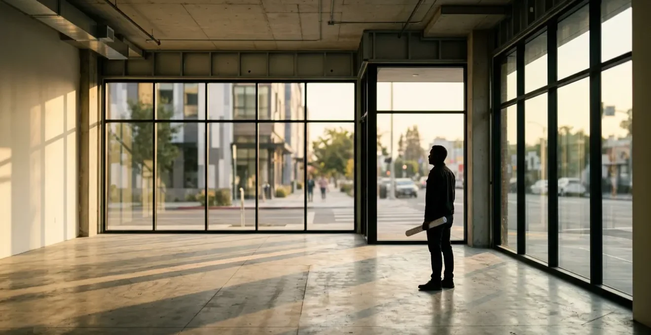 Vue intérieure d'un local commercial moderne avec un entrepreneur analysant des données sur une tablette en verre transparent montrant des graphiques holographiques