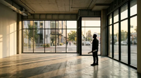 Vue intérieure d'un local commercial moderne avec un entrepreneur analysant des données sur une tablette en verre transparent montrant des graphiques holographiques