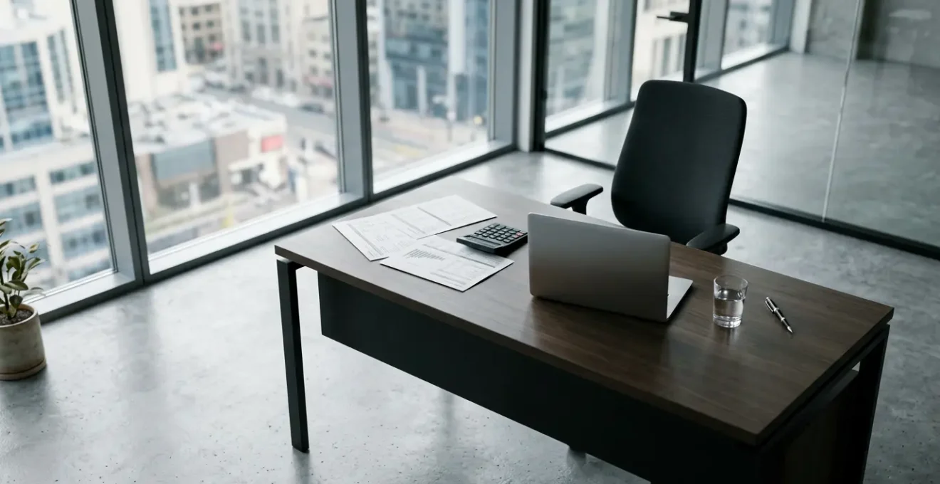 Bureau d'entrepreneur moderne avec documents comptables et calculatrice