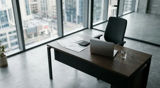 Bureau d'entrepreneur moderne avec documents comptables et calculatrice