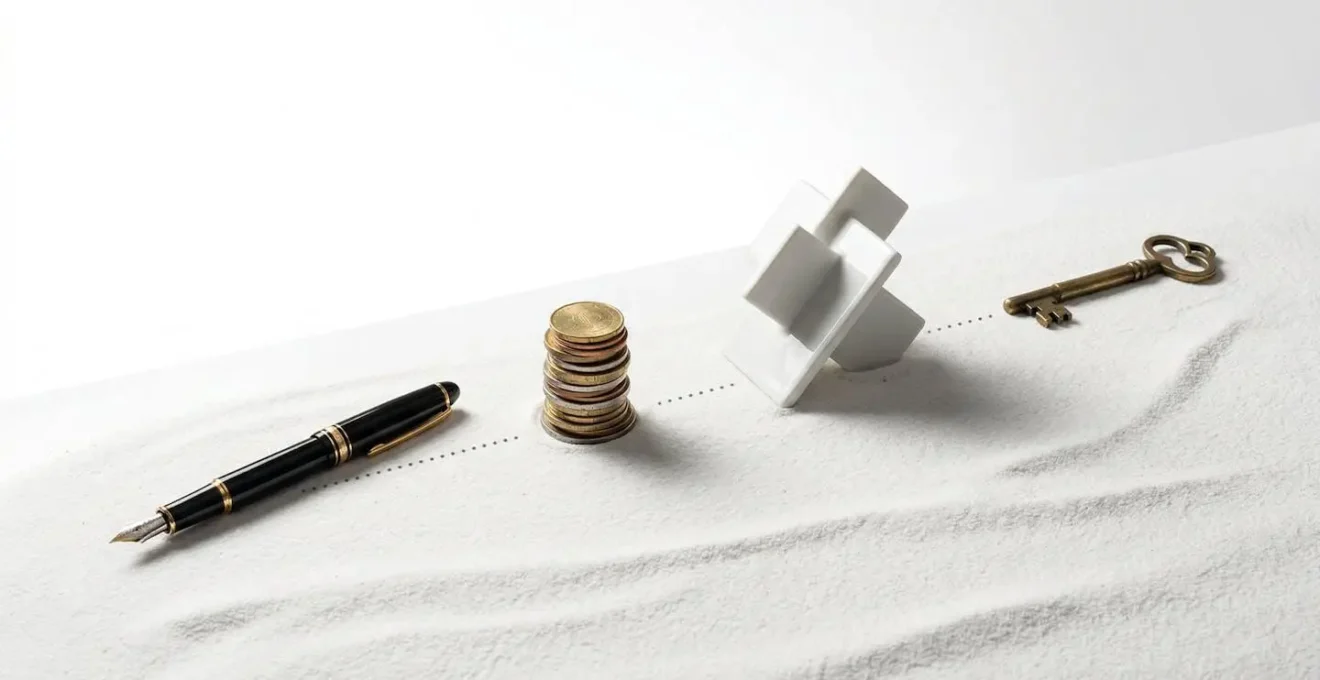 Représentation visuelle de la chronologie de création d'entreprise avec symboles abstraits des étapes clés