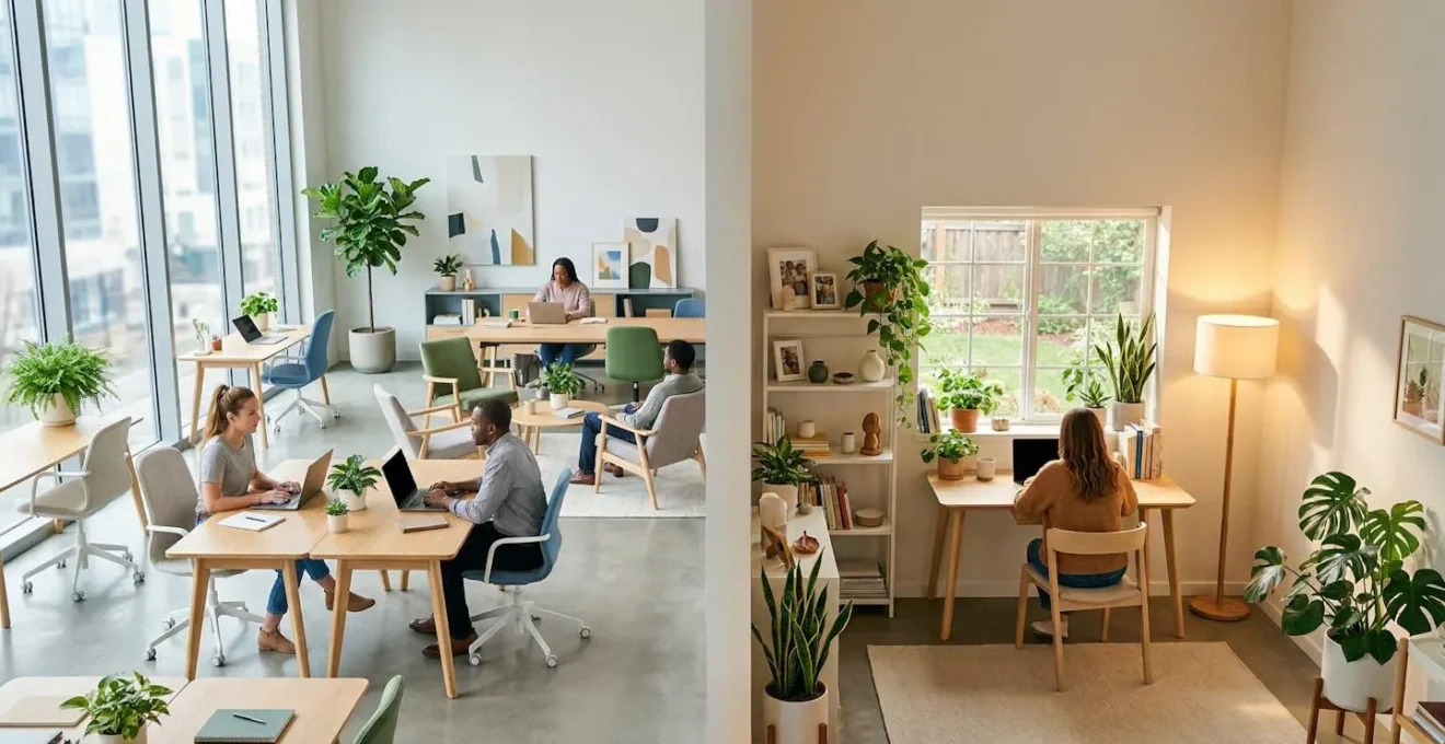 Vue en plongée comparant un espace de coworking moderne et un bureau à domicile