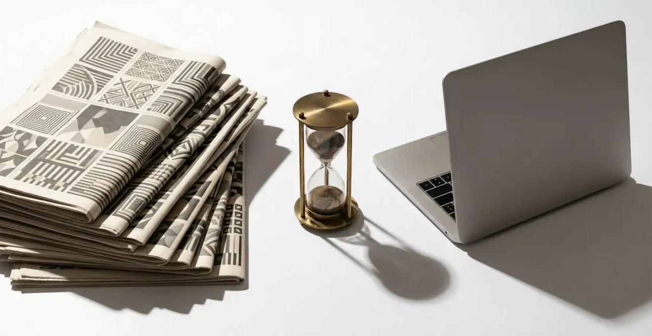 Comparaison visuelle entre publication papier et numérique d'annonce légale avec horloge symbolisant le temps