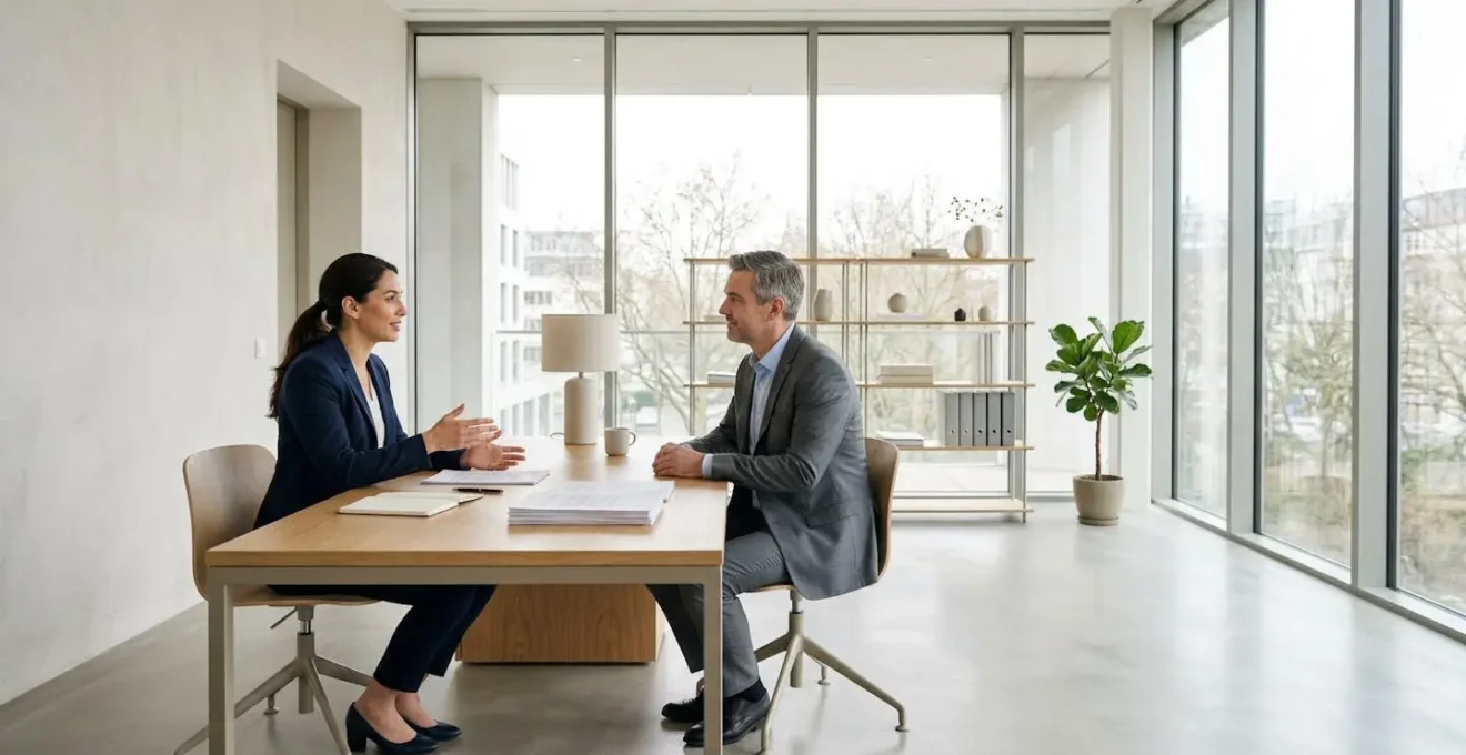 Notaire et entrepreneur en discussion dans un cabinet juridique moderne