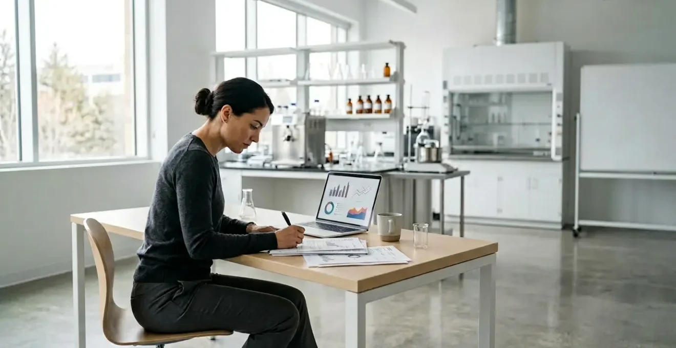 Environnement de travail moderne d'une entreprise innovante avec documents fiscaux et équipements de recherche