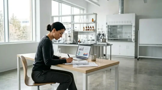 Environnement de travail moderne d'une entreprise innovante avec documents fiscaux et équipements de recherche