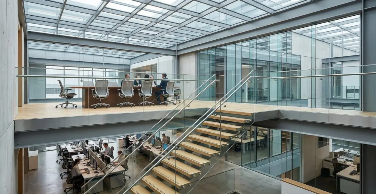 Vue architecturale montrant deux niveaux d'un bâtiment moderne symbolisant la séparation des pouvoirs
