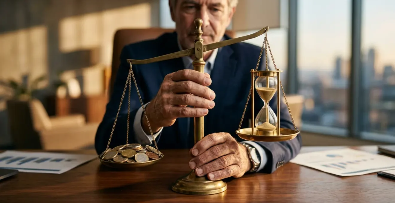 Dirigeant d'entreprise analysant des documents de retraite dans un bureau moderne avec calculatrice et graphiques