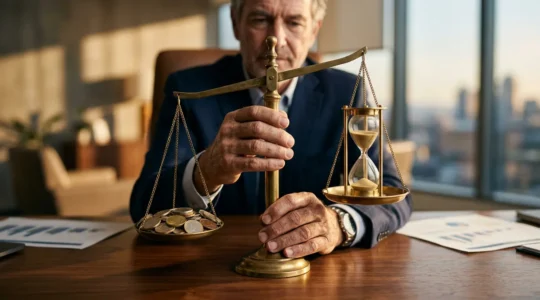 Dirigeant d'entreprise analysant des documents de retraite dans un bureau moderne avec calculatrice et graphiques