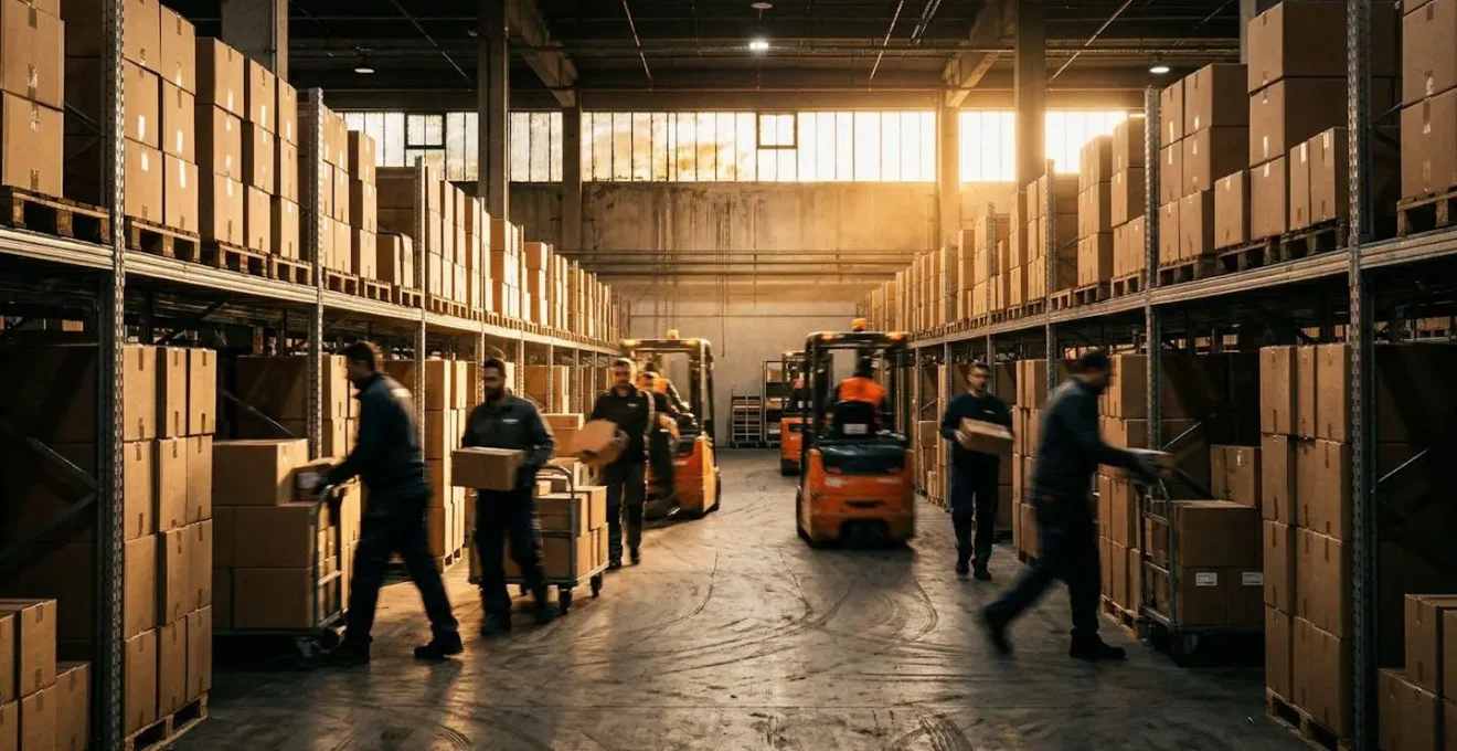 Vue d'ensemble d'un entrepôt logistique moderne en pleine activité