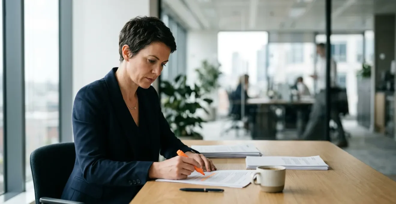 Entrepreneur examinant attentivement des documents d'annonce légale dans un bureau moderne, avec une lumière naturelle douce