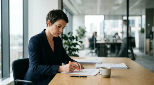 Entrepreneur examinant attentivement des documents d'annonce légale dans un bureau moderne, avec une lumière naturelle douce