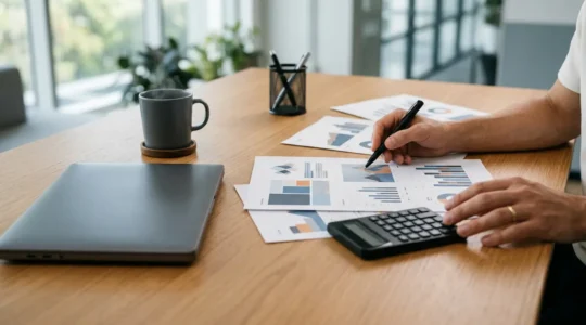 Entrepreneur analysant ses documents URSSAF et calculs de cotisations avec l'ACRE dans un bureau moderne