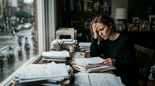 Entrepreneur travaillant depuis son salon avec des piles de documents administratifs, reflet dans la fenêtre montrant la rue passante