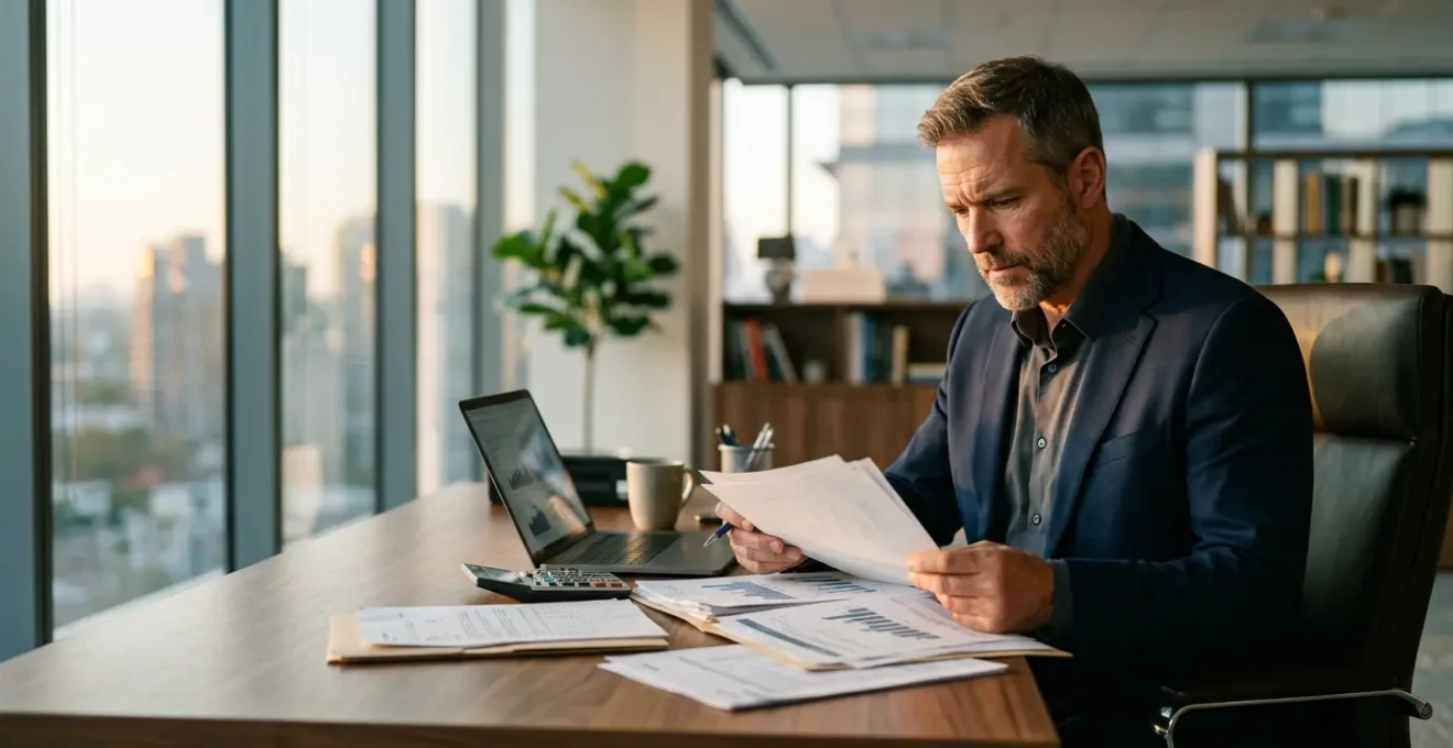 Entrepreneur analysant les documents financiers de son commerce dans un bureau moderne