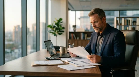 Entrepreneur analysant les documents financiers de son commerce dans un bureau moderne