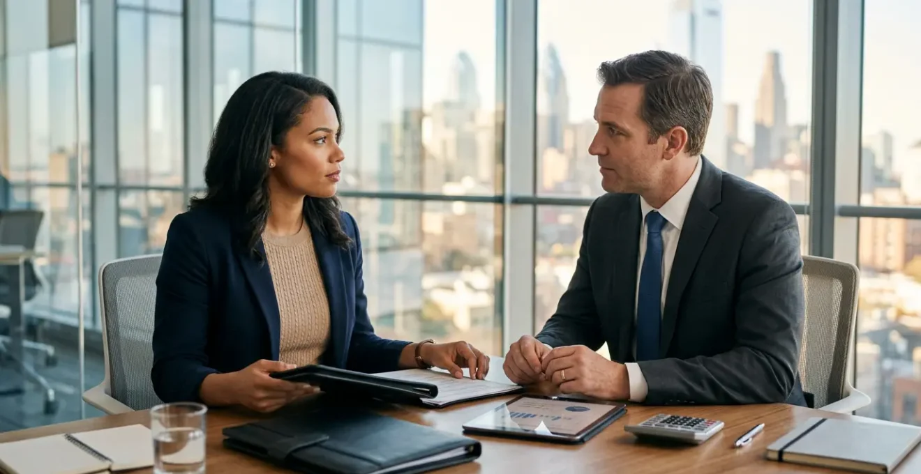 Un entrepreneur en discussion avec un conseiller bancaire dans un bureau moderne, documents financiers sur la table