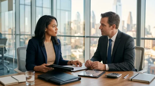 Un entrepreneur en discussion avec un conseiller bancaire dans un bureau moderne, documents financiers sur la table