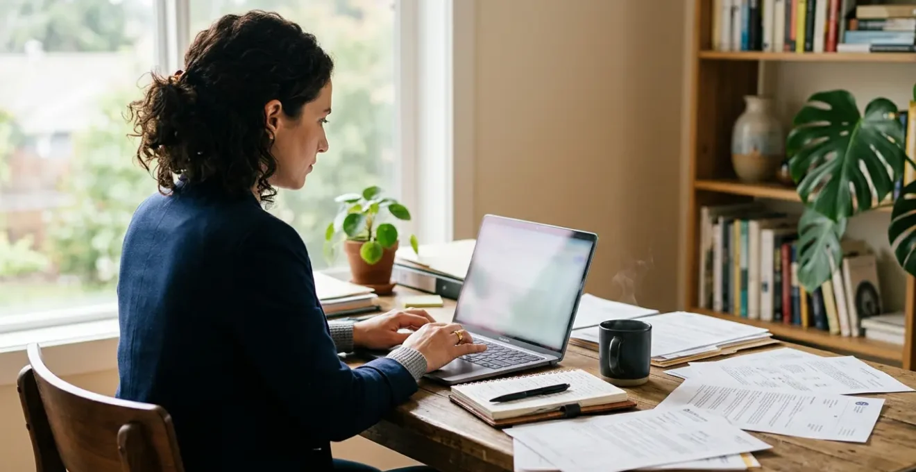 Entrepreneur consultant son ordinateur pour les démarches d'immatriculation d'entreprise avec documents administratifs sur le bureau