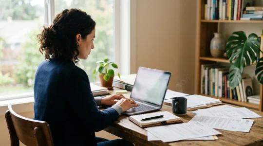 Entrepreneur consultant son ordinateur pour les démarches d'immatriculation d'entreprise avec documents administratifs sur le bureau