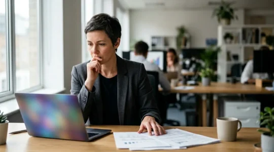 Entrepreneur analysant des documents financiers avec une calculatrice et ordinateur portable dans un bureau moderne