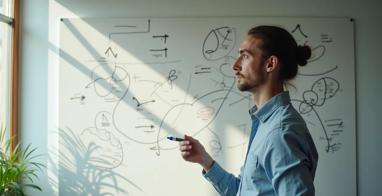 Portrait d'un entrepreneur en réflexion devant un tableau avec des flèches directionnelles abstraites