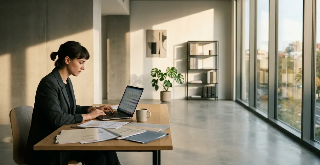 Bureau moderne avec documents administratifs flous et personne concentrée travaillant sur ordinateur portable, ambiance professionnelle