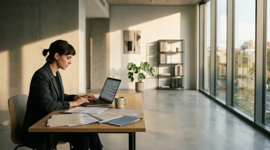 Bureau moderne avec documents administratifs flous et personne concentrée travaillant sur ordinateur portable, ambiance professionnelle