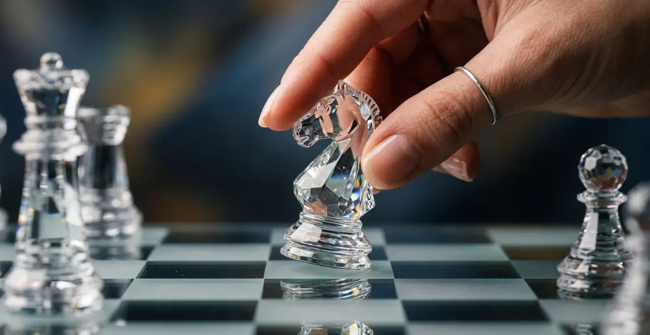 Gros plan sur des mains manipulant des pièces d'échecs en cristal sur un plateau moderne