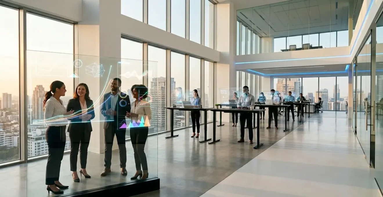 Centre de service client moderne avec agents travaillant sur écrans holographiques et graphiques de croissance exponentielle