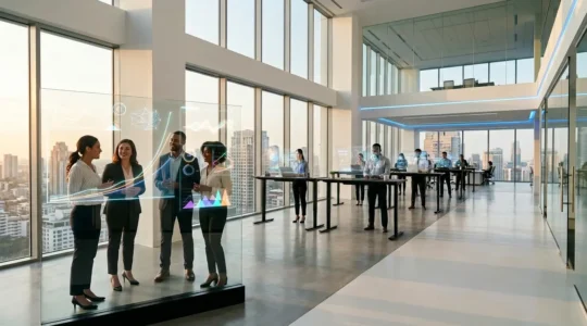 Centre de service client moderne avec agents travaillant sur écrans holographiques et graphiques de croissance exponentielle