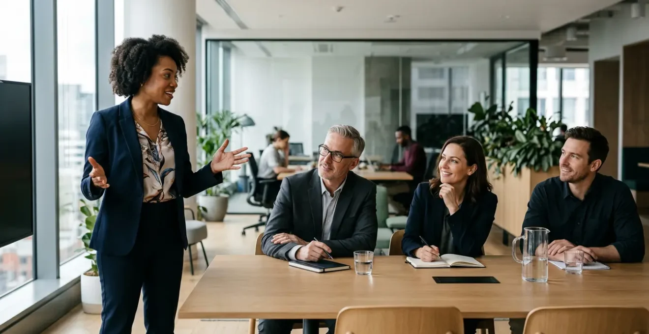 Entrepreneur présentant son projet devant plusieurs investisseurs potentiels dans un environnement moderne de coworking