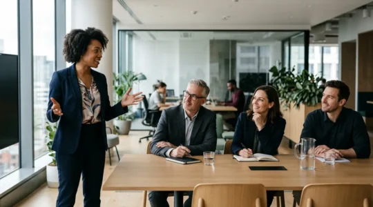 Entrepreneur présentant son projet devant plusieurs investisseurs potentiels dans un environnement moderne de coworking