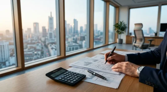 Analyse approfondie de documents financiers de franchise dans un bureau moderne