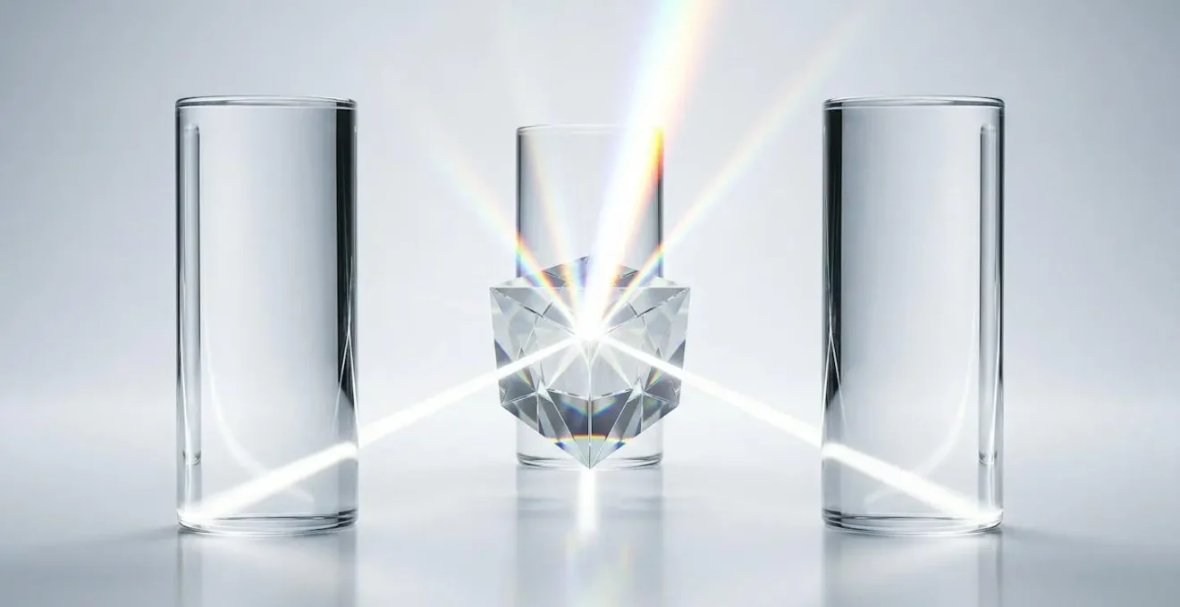 Trois cylindres de verre symbolisant les anciens registres convergeant vers un prisme central lumineux représentant le RNE.