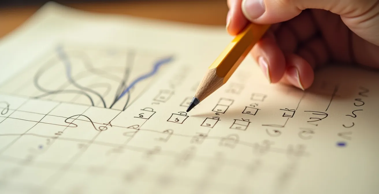 Gros plan sur une main tenant un crayon au-dessus d'une grille d'observation structurée avec cases à cocher